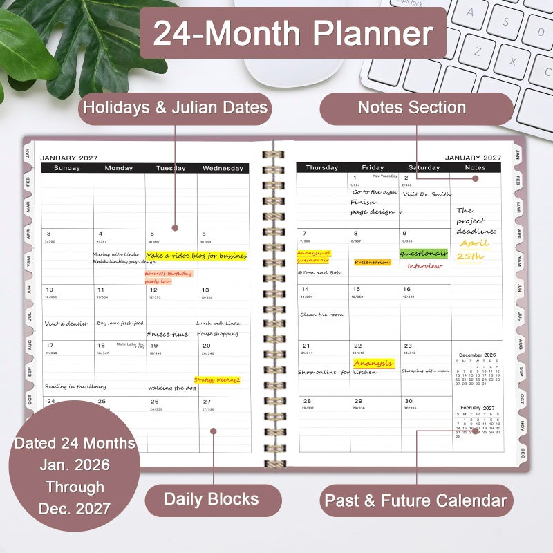 Ymumuda 2026 Monthly Planner - 2 Year Monthly Planner, JAN.2026 to DEC.2027, 8.5" x 11", Large Calendar with Spiral Bound, 24 Coated Tabs,24 Months Perfect for School & Office Schedule, Rose Gold - Image 3