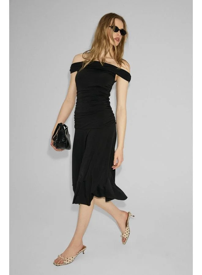 GRIMELANGE SABLE Women's Soft and Stretchy Fabric Off‑Shoulder Ruched Detail Long Black Dress.