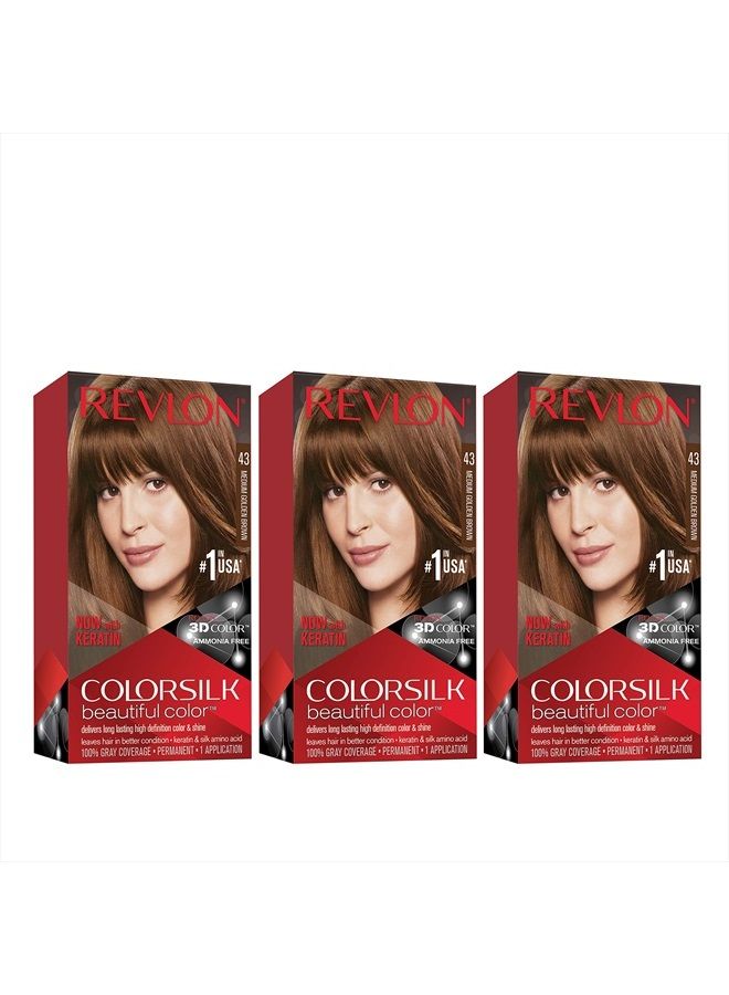 Revlon Permanent Hair Color by Revlon, Permanent Hair Dye, Colorsilk with 100% Gray Coverage, Ammonia-Free, Keratin and Amino Acids, 43 Medium Golden Brown, 4.4 Oz (Pack of 3) - Image 1