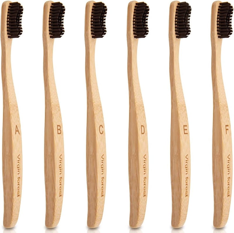 Virgin Forest Bamboo Toothbrush 6pk, Charcoal Bristles, BPA-Free, Eco Biodegradable - Image 1