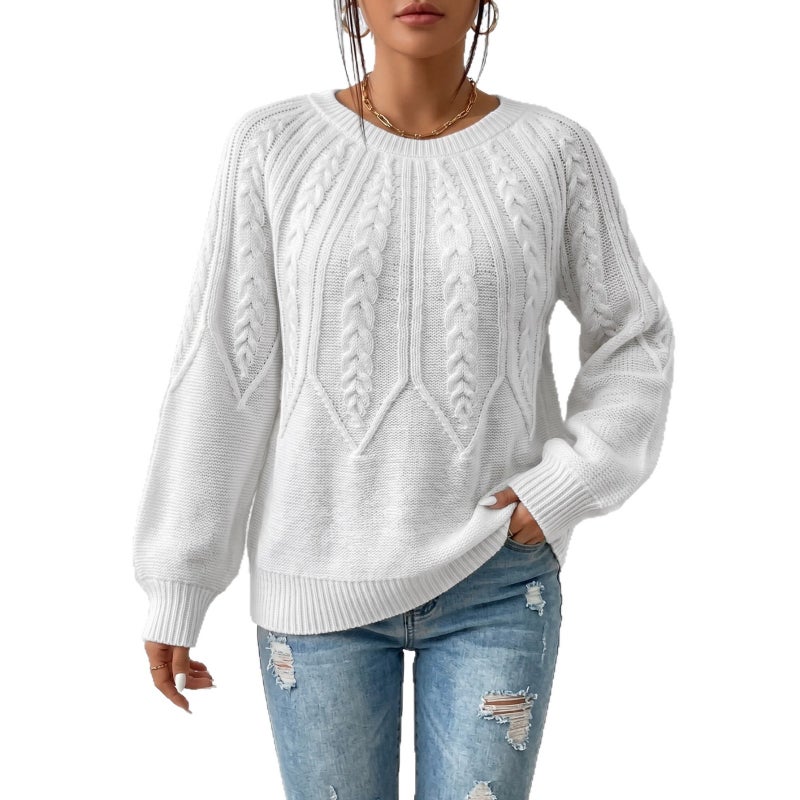Women's Plus Size Round Neck Cable Knit Sweater Long Sleeve Solid Color - Image 5