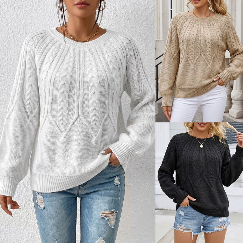 Women's Plus Size Round Neck Cable Knit Sweater Long Sleeve Solid Color - Image 1
