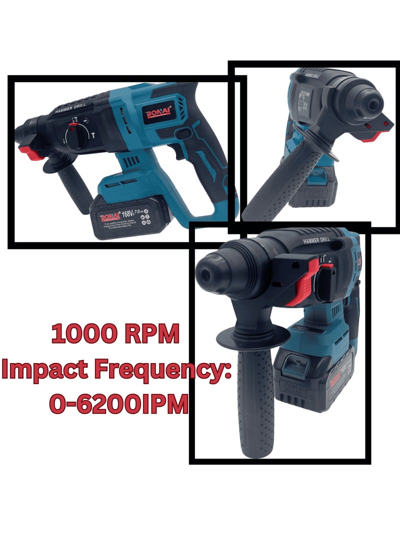BONAI Cordless Rotary Hammer Drill 26mm, Brushless, 168VF Battery, 7.0Ah, 1000 RPM Concrete Hammer, Industrial Hammer Drill with 2 Batteries, Charger, Depth Gauge, Support Handle  - Image 5