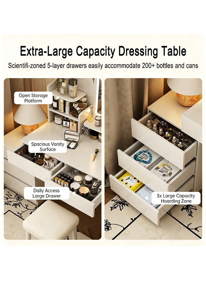 Modern Minimalist Multi-functional Dressing Table with LED Makeup Mirror, Large Capacity Makeup Vanity with 5 Drawers and Countertop Storage Rack, Dresser with Retractable Side Cabinets Use for Bedroom and Living Room - Image 5