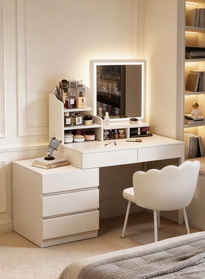 Modern Minimalist Multi-functional Dressing Table with LED Makeup Mirror, Large Capacity Makeup Vanity with 5 Drawers and Countertop Storage Rack, Dresser with Retractable Side Cabinets Use for Bedroom and Living Room - Image 1