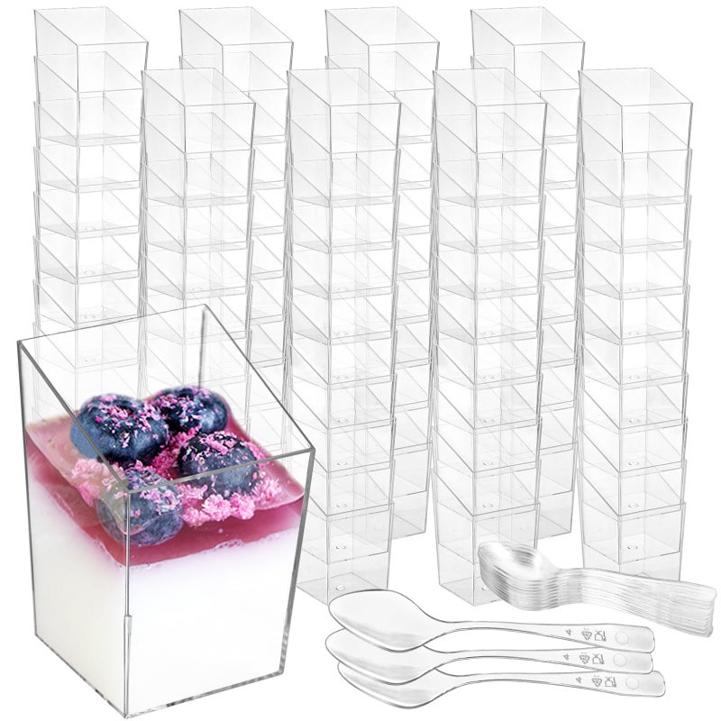 Okllen 100 Pack 3 Oz Mini Dessert Cups with Spoons Clear Slanted Square Dessert Tumbler Thick Plastic Shot Glasses Appetizer Parfait Cups Small Serving Bowls for Ice Cream Puddings Tasting Party