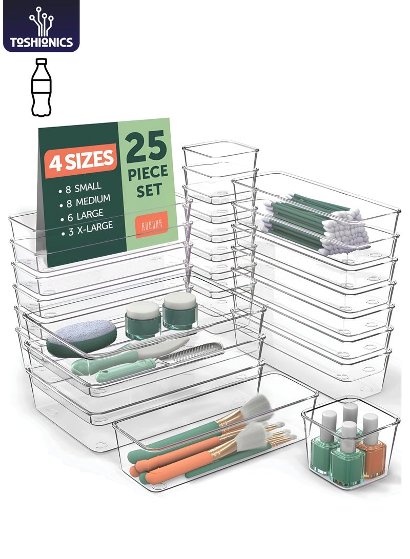 توشيونيكس منظم أدراج شفاف مكون من 25 قطعة T114702، مصنوع من البلاستيك الشفاف، مثالي لتنظيم وتخزين أغراض المنزل، ويشمل 4 أحجام مختلفة من صناديق التخزين الصغيرة، ووسادات مانعة للانزلاق، مناسب للحمام والمطبخ وغرفة الزينة والمكتب. - Image 1