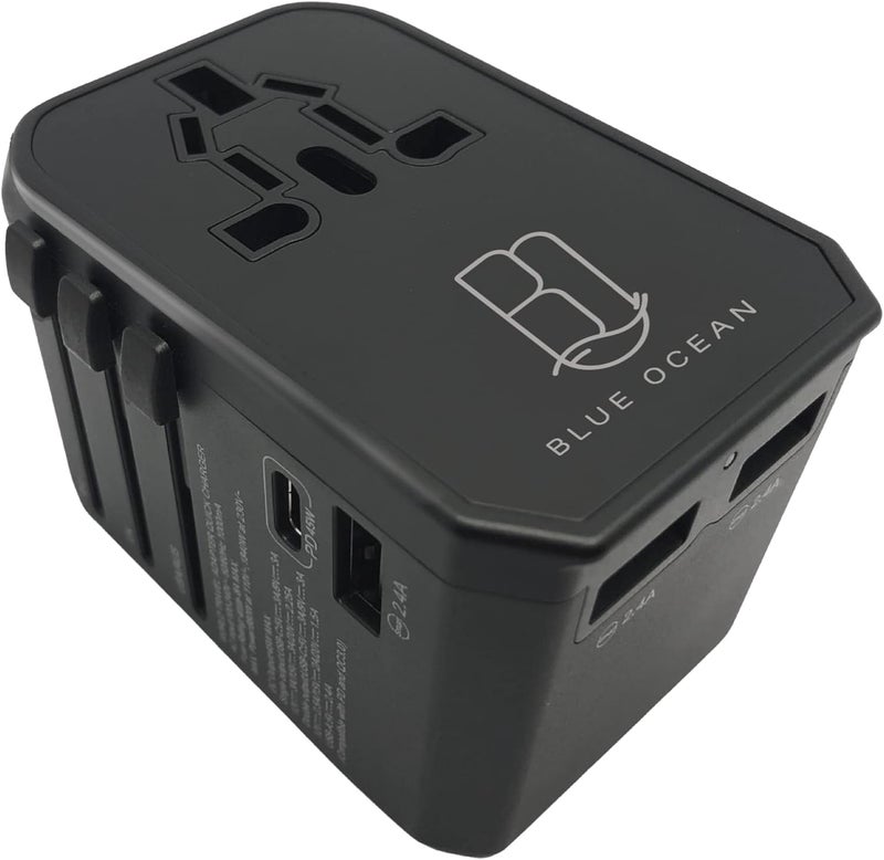 BLUE OCEAN 45w PD/QC 3.0 Type C Quick Charge Travel Adapter + Smart 3 Usb Ports Universal Travel Adapter, All In One Adapter For Phones, Tablets, Power Socket Plugs Uk Eu Us Au Auto Switch With Pouch - Image 1