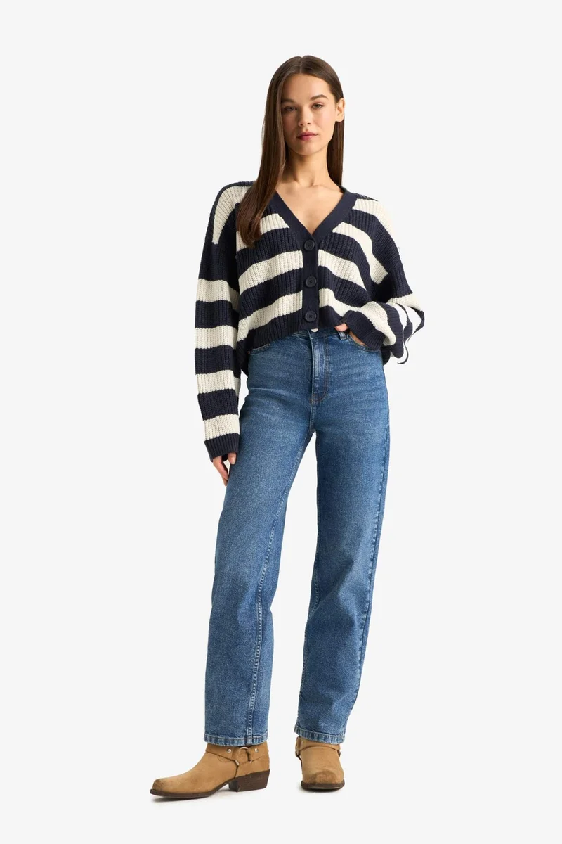ديفاكتو Regular Fit V-Neck Buttoned Striped Knit Cardigan