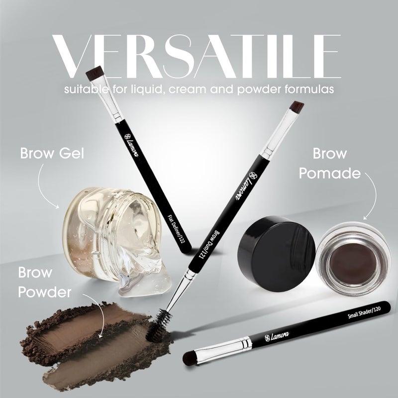 Lamora Eyebrow Brush - Duo Eye Brow Spoolie - Angled Eyeshadow Eyeliner - Precision Flat Definer - Small Shader - 3 Piece Makeup Brush Set - Cruelty Free Synthetic Bristles - Image 2