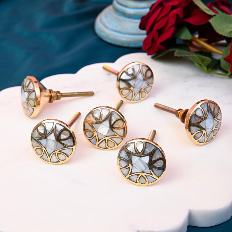 Perilla Home Set of 6 Knobs for Cabinet & Drawers Mother of Pearl Brass Knobs Decorative Vintage Knobs for Home Kitchen Cabinet Hardware Cupboard Door Dresser Wardrobe & Drawer Pulls (Design-2) - Image 5
