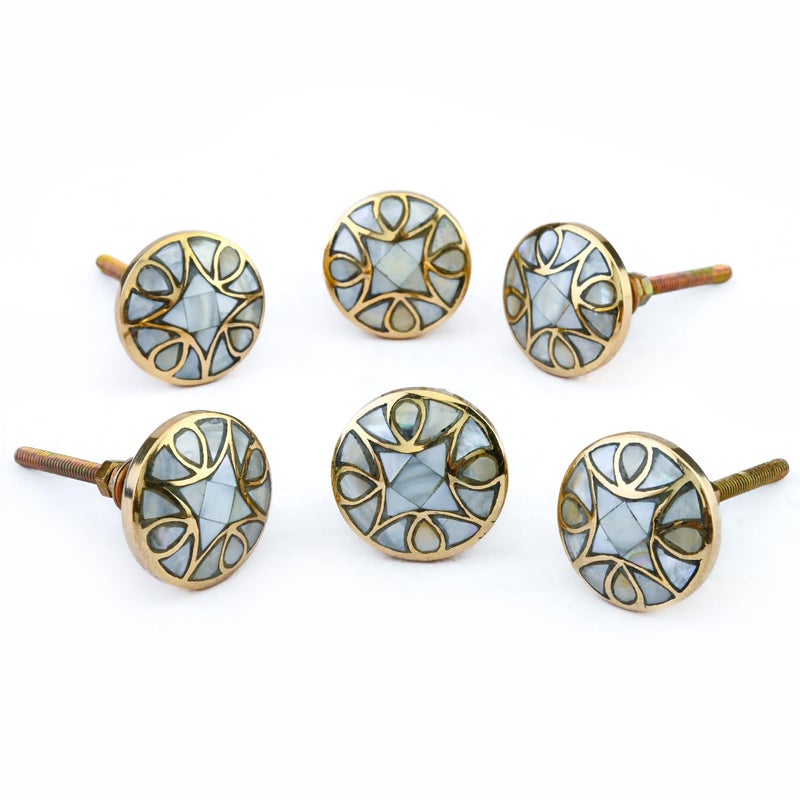 Perilla Home Set of 6 Knobs for Cabinet & Drawers Mother of Pearl Brass Knobs Decorative Vintage Knobs for Home Kitchen Cabinet Hardware Cupboard Door Dresser Wardrobe & Drawer Pulls (Design-2) - Image 1