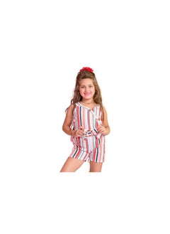 Girls' exit kit consisting of a white T-shirt and shorts, and there are colored stripes on them