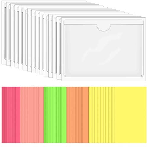 SKPPC 40 Pack Self-Adhesive Index Card Holder, Clear Plastic Library Card Pockets Label Holder with Top Open, Ideal Card Holder and 50 Sheets Colorful Index Cards, 3.8 x 5.3 Inch - Image 1