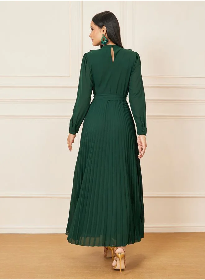 Styli Ruffle Detail Pleated A-Line Maxi Dress with Self Tie Up