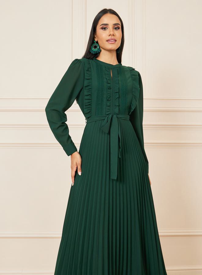 Styli Ruffle Detail Pleated A-Line Maxi Dress with Self Tie Up  - Image 2