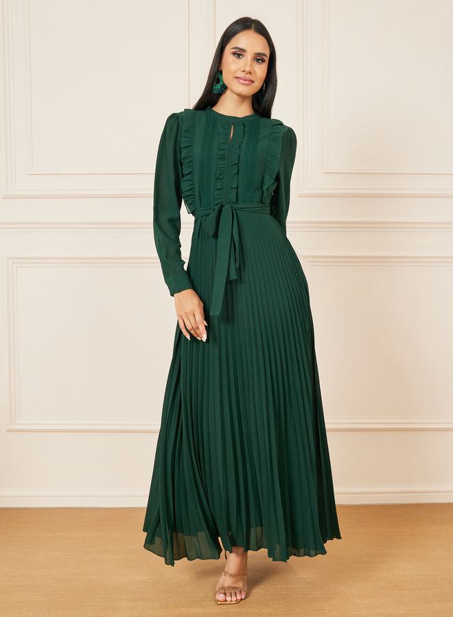 Styli Ruffle Detail Pleated A-Line Maxi Dress with Self Tie Up  - Image 1