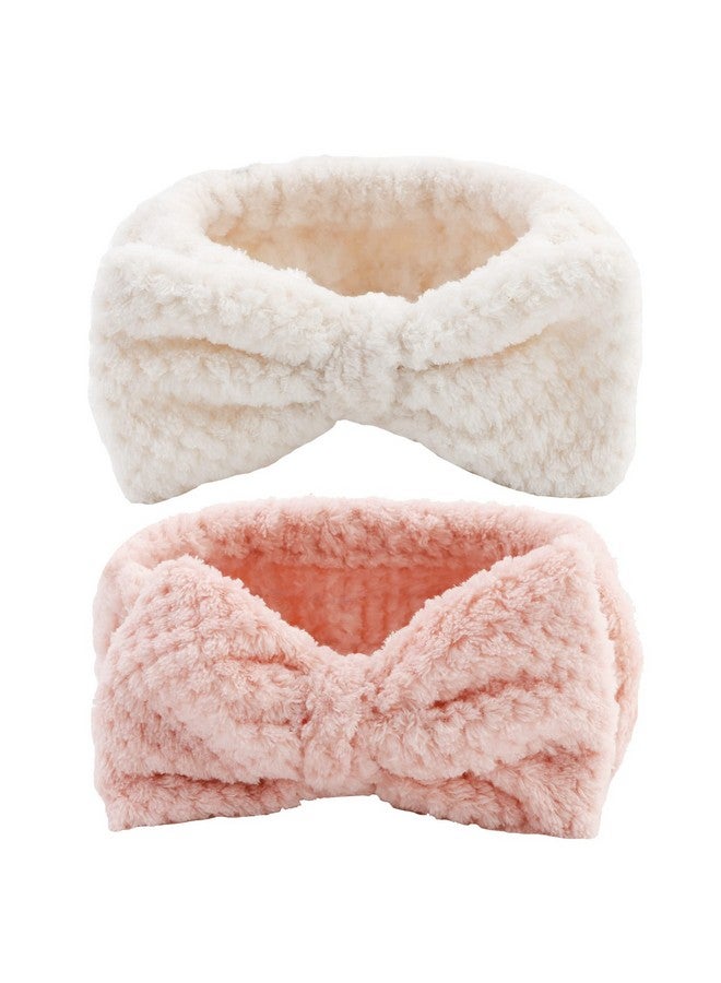 YISSION 2Pcs Spa Headband With Bow No Slip Head Band For Face Wash Makeup Skincare Facial Headband Elastic Hair Band Microfiber Headbands For Women Girls (White Pink) - Image 1