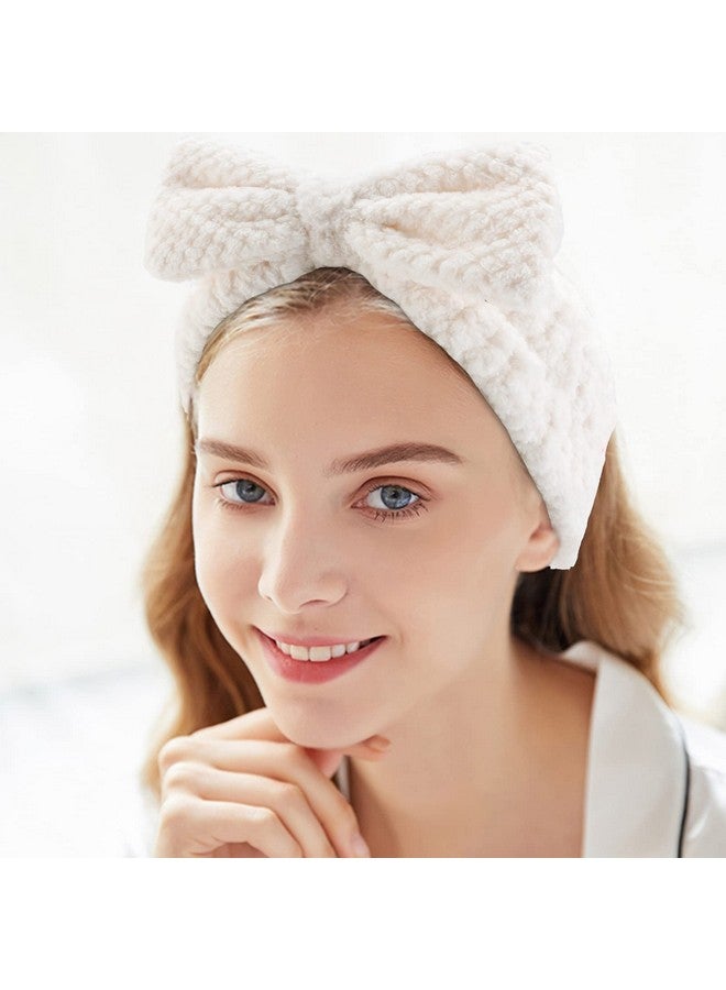 YISSION 2Pcs Spa Headband With Bow No Slip Head Band For Face Wash Makeup Skincare Facial Headband Elastic Hair Band Microfiber Headbands For Women Girls (White Pink) - Image 3