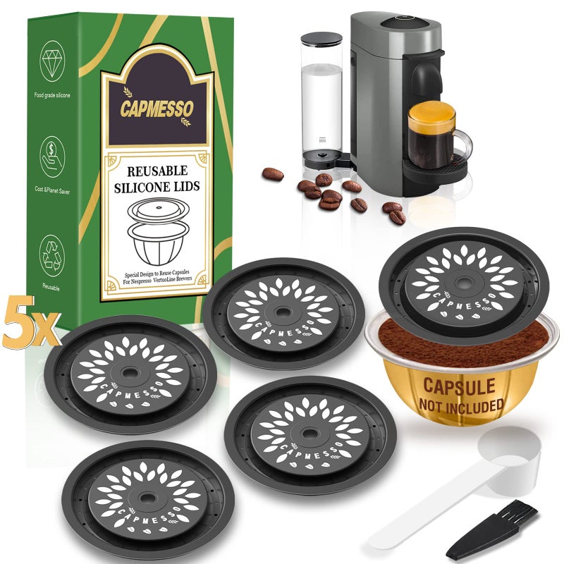 CAPMESSO Reusable Coffee Capsule Lids for Reusable Nespresso Pods Vertuo, Food Grade Silicone Caps for Any Sizes of Refillable Vertuo Pods with Scoop and Brush (5PCS Silicone Caps) - Image 4