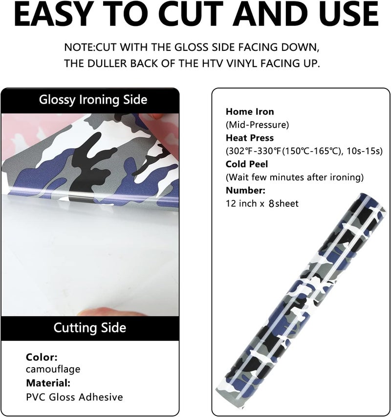 TUMIYA Camo Army Grey Heat Transfer HTV Vinyl Rolls, 12" x 8ft Camouflage Iron on Vinyl for T-Shirt, Stretchy PU HTV Vinyl for Heat Press DIY Design Easy to Cut & Weed - Image 3