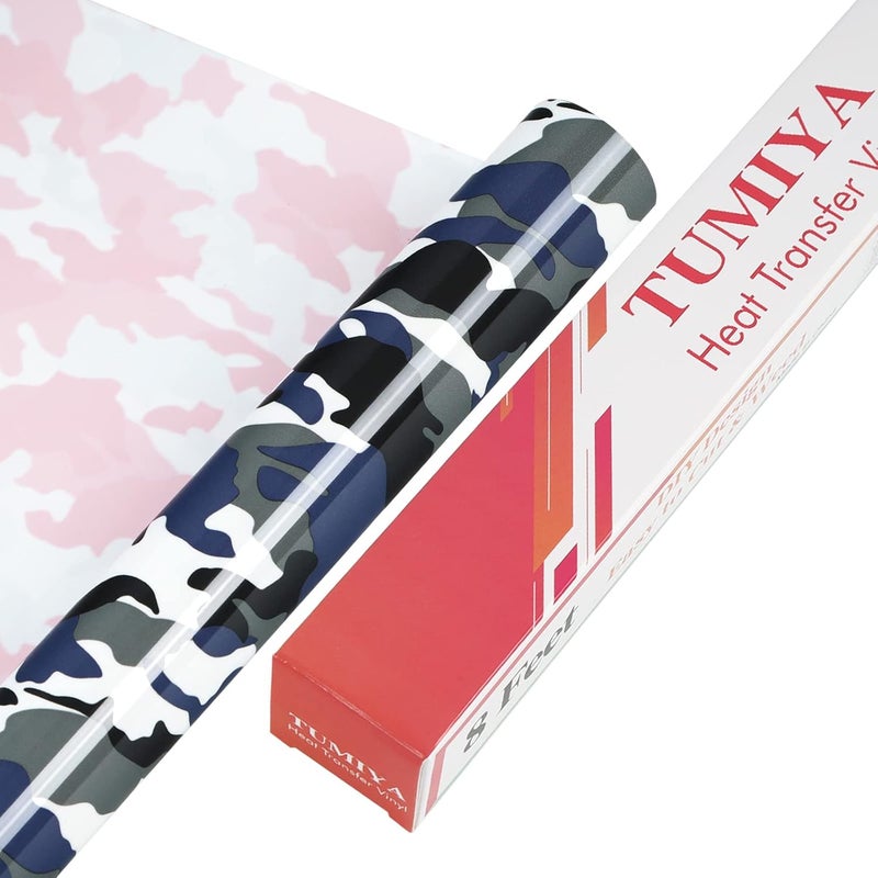 TUMIYA Camo Army Grey Heat Transfer HTV Vinyl Rolls, 12" x 8ft Camouflage Iron on Vinyl for T-Shirt, Stretchy PU HTV Vinyl for Heat Press DIY Design Easy to Cut & Weed - Image 1