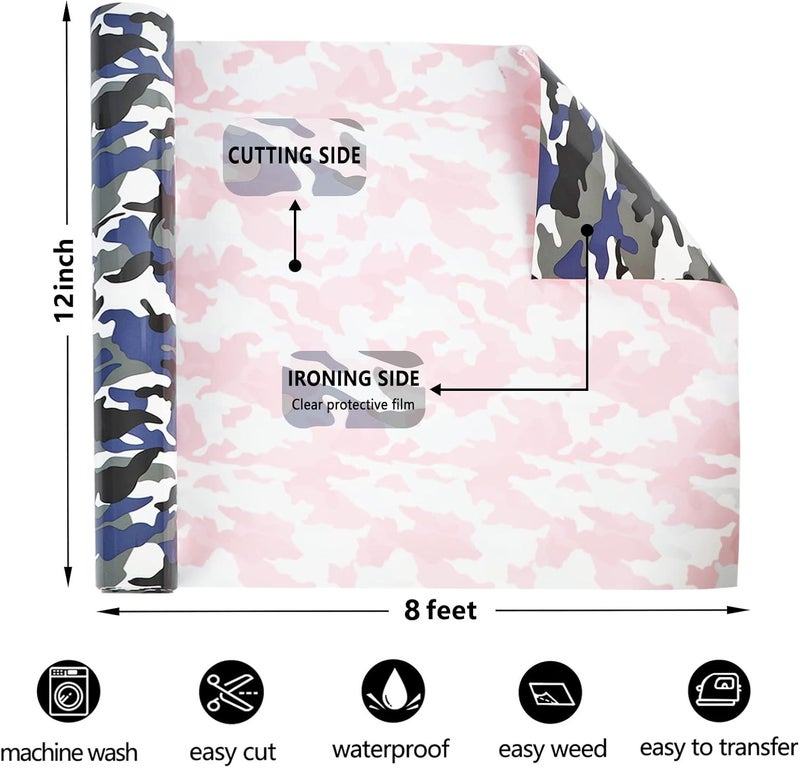 TUMIYA Camo Army Grey Heat Transfer HTV Vinyl Rolls, 12" x 8ft Camouflage Iron on Vinyl for T-Shirt, Stretchy PU HTV Vinyl for Heat Press DIY Design Easy to Cut & Weed - Image 2