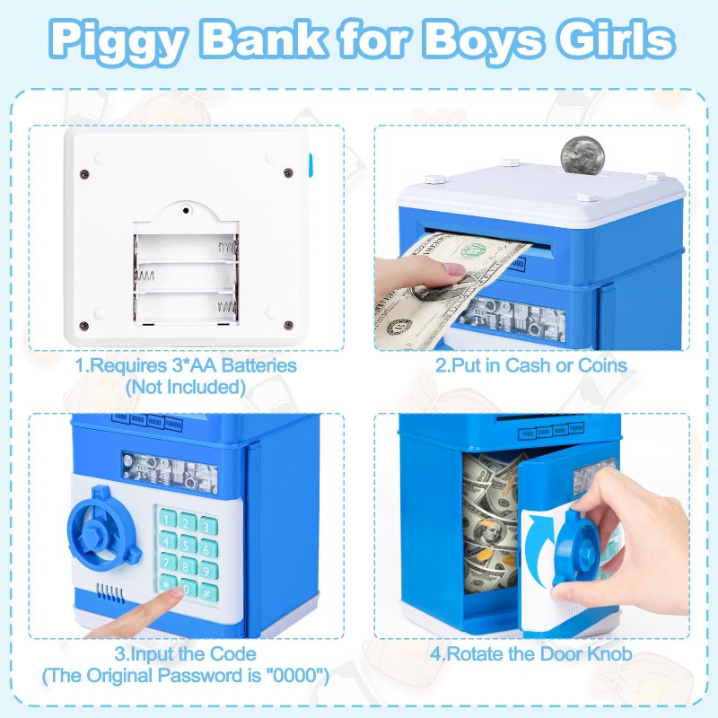 Refasy Safe Piggy Bank for Kids, Money Bank Electronic Piggy Banks ATM Bank Money Safe for Kids, Password Coin Cash Bank for Boys Bank Toys Birthday Gift for Boys Girls Age 3 4 5 6 7+ Year Old (Blue) - Image 4