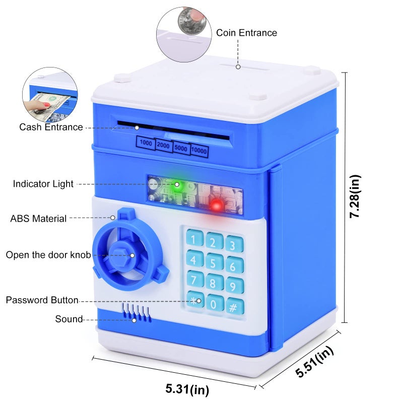 Refasy Safe Piggy Bank for Kids, Money Bank Electronic Piggy Banks ATM Bank Money Safe for Kids, Password Coin Cash Bank for Boys Bank Toys Birthday Gift for Boys Girls Age 3 4 5 6 7+ Year Old (Blue) - Image 3