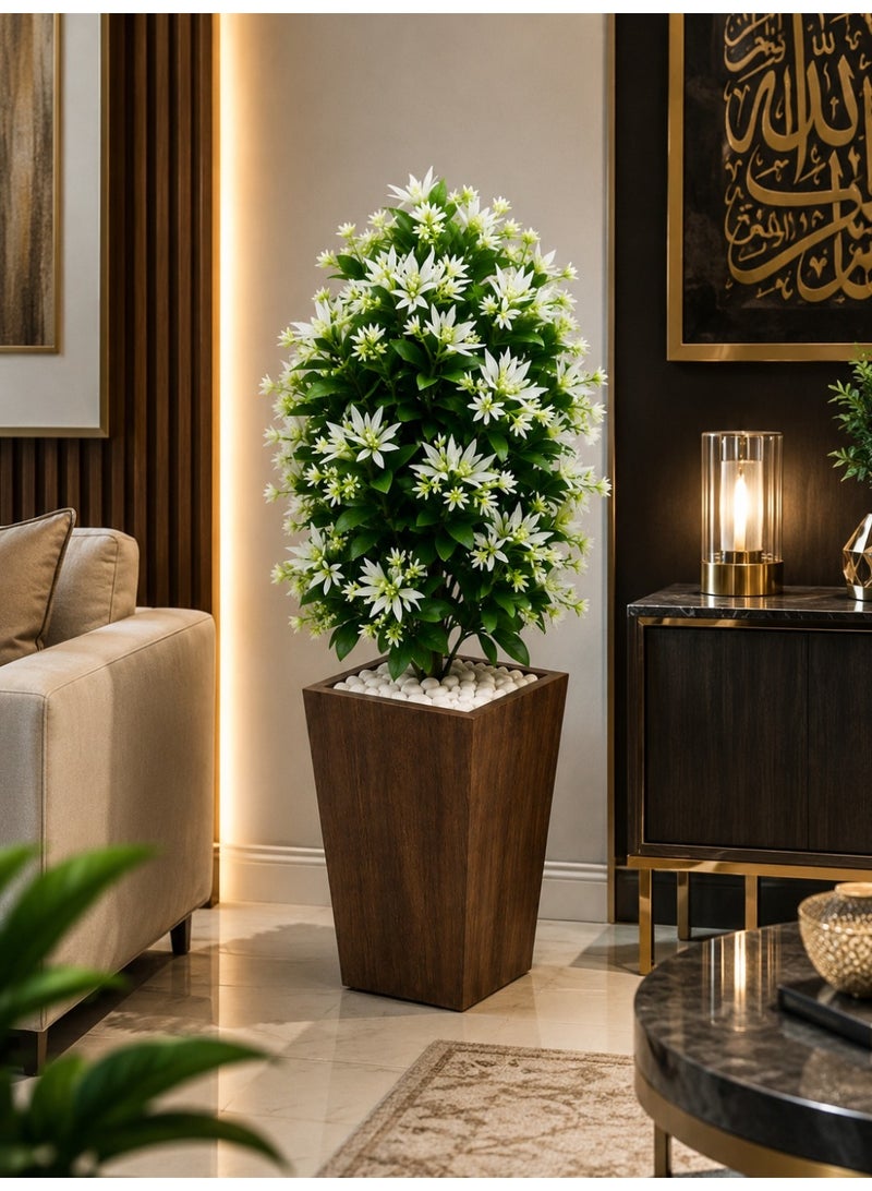 نبات صناعي فاخر بزهور بيضاء مع أصيص طويل بتشطيب خشبي وحصى أبيض ديكوري – نبات زينة داخلي واقعي لديكور المنزل والمكاتب والفنادق وغرف المعيشة - Image 1