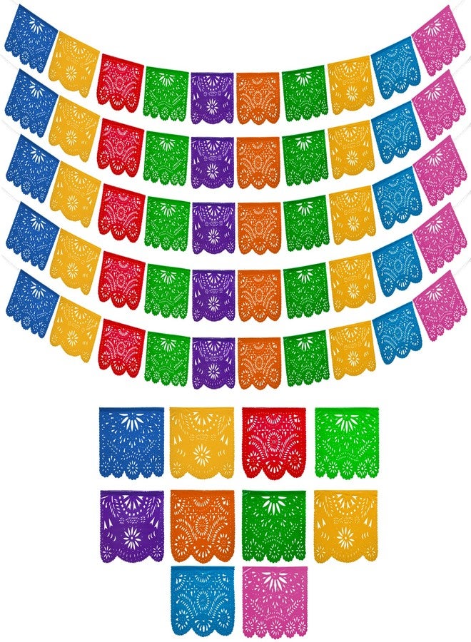 FIESTA WRAPS Mexican Party Banners (5 Pack with 10 Plastic Flags per Banner) - Papel Picado Mexicano para Fiesta - Plastic Papel Picado - Fiesta Themed Party Decorations - Mexican Decor - Image 1