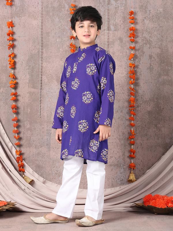 superminis Boys Cotton Kurta Pyjama Set | Gold Foil Printed Ethnic Wear for Kids | Baby Boy Kurta Set with Elastic Pyjama | Festival & Wedding Outfit (Purple, 7-8 Years) - Image 4