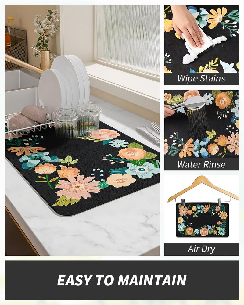 AMOAMI Coffee Mat Hide Stain Rubber Backed Absorbent Dish Drying Mat for Kitchen Counter - Bar Accessories Fit Under Coffee Maker, Espresso Machine, Dish Rack - Floral Black 12x19 - Image 3
