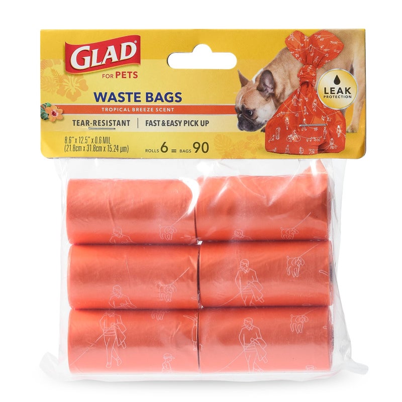 Glad for Pets Heavy Duty Dog Poop Bags - Scented Pet Waste Bag Rolls for Large Dogs & Puppy Supplies, Tear-Resistant Doggie Bags for Waste Cleanup - 6 Rolls, 90 Count - Image 1