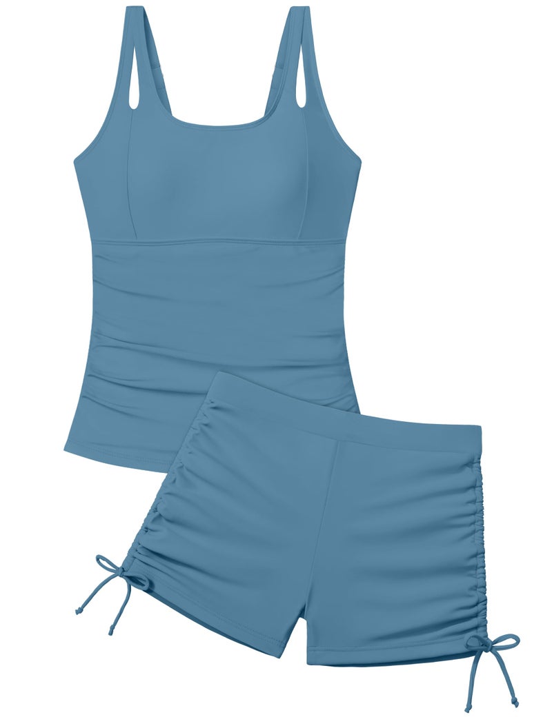 Aulyffo Girls Tankini Swimsuits Size 10 Girls Bathing Suits Size 8-10 Tropical Print 2 Piece Bathing Suits Square Collar Swim Tank Top with Boy Shorts Gray Blue - Image 1
