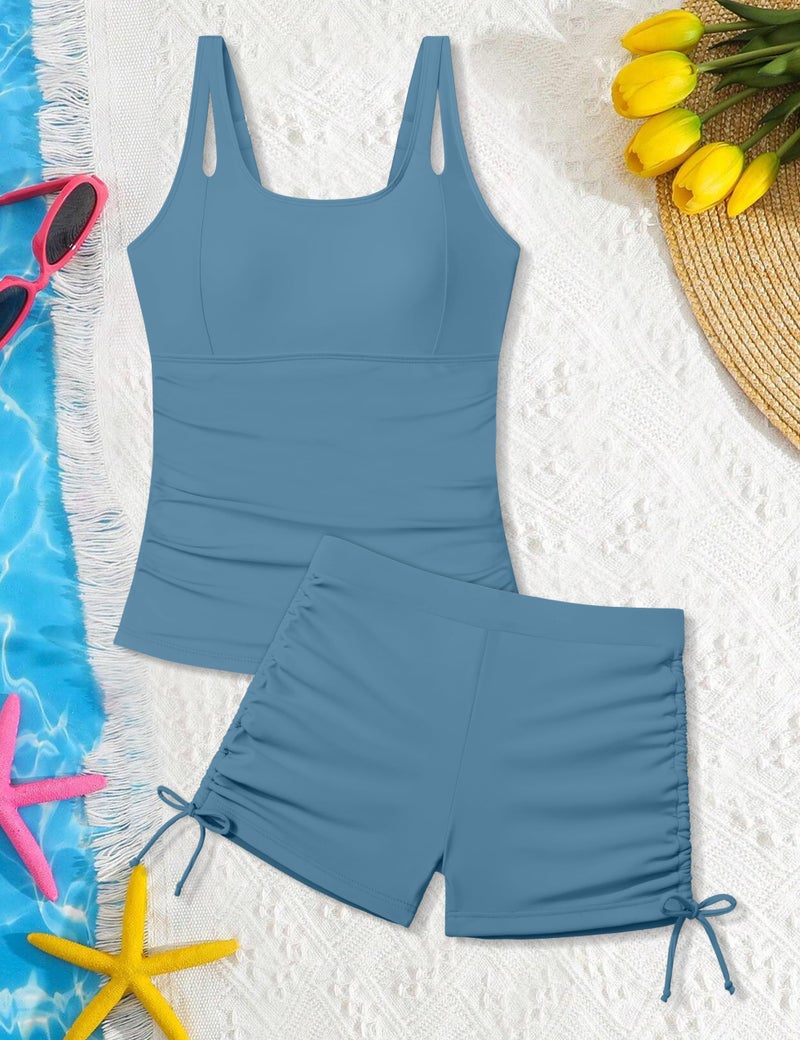 Aulyffo Girls Tankini Swimsuits Size 10 Girls Bathing Suits Size 8-10 Tropical Print 2 Piece Bathing Suits Square Collar Swim Tank Top with Boy Shorts Gray Blue - Image 5