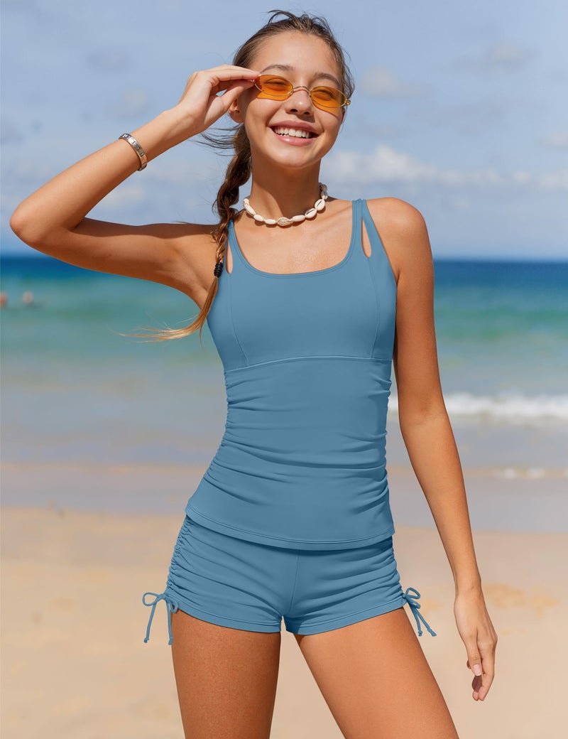 Aulyffo Girls Tankini Swimsuits Size 10 Girls Bathing Suits Size 8-10 Tropical Print 2 Piece Bathing Suits Square Collar Swim Tank Top with Boy Shorts Gray Blue - Image 2