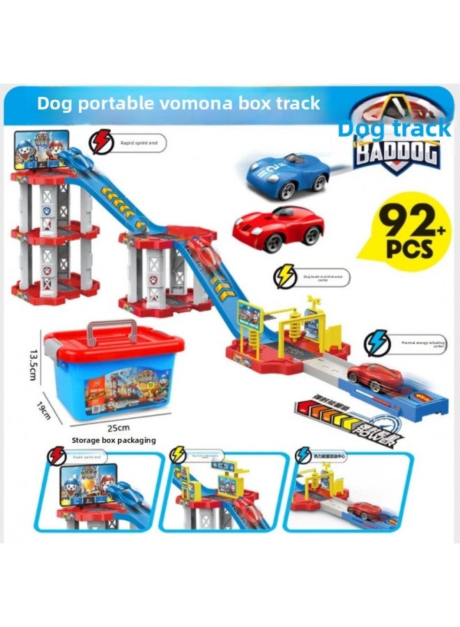 Children's Rail Car Toy Engineering Car DIY Parking Lot City Sliding Assembly Scene Girl Boy-Color:Dog Ejection Track 92-piece Set + Storage Box [carton]  - Image 1