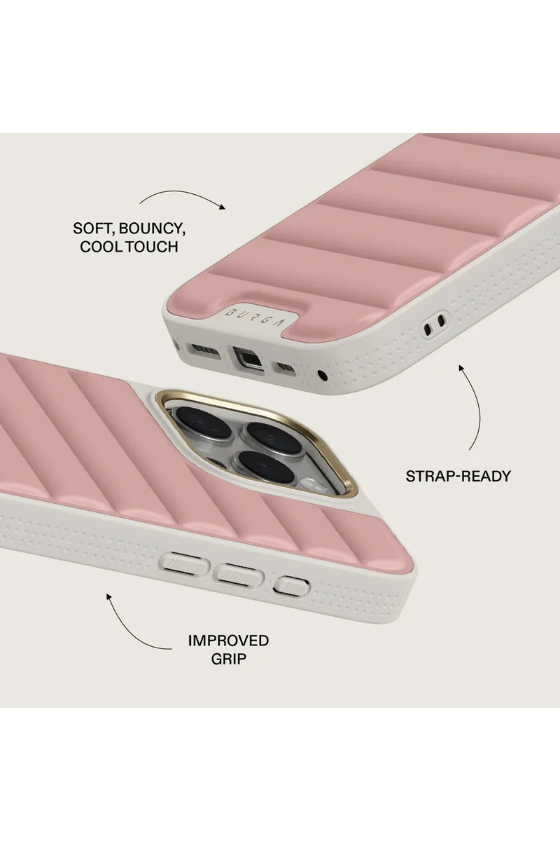بورجا جراب لهاتف iPhone 16 Pro Max مصنوع من مادة البولي كربونات فائقة النعومة مع نسيج مرن، وامتصاص الصدمات CloudGuard، وهيكل خفيف الوزن، وحماية من السقوط من المستوى العالي Pilates