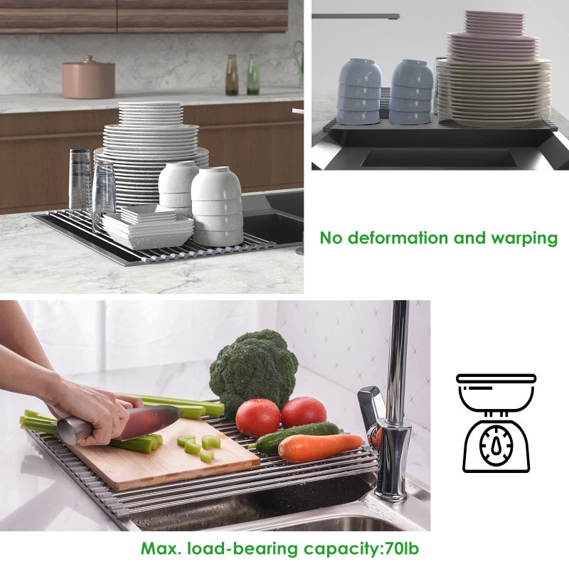 Tomorotec Roll Up Dish Drying Rack, Over The Sink Dish Drying Rack, Portable Stainless Steel Rolling Rack Multipurpose Kitchen Drainer Caddy Organizer Storage Shelf Holder, Gray - Image 4