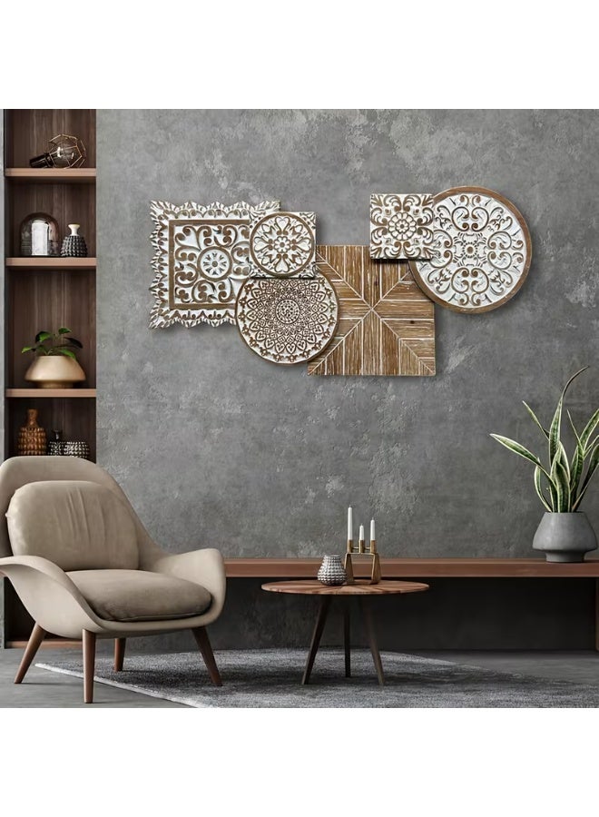 erorex 35-inch (90cm x 17-inch / 44cm) Retro Carved Wall Hanging Decoration – Multi-Panel Design with Square & Round Floral and Geometric Carved Patterns – Classical & Modern Fusion Style for Living Room, Bedroom, or Corridor - Image 5