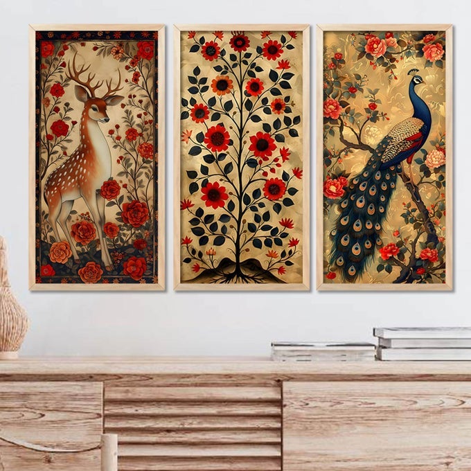 PICHWAI PAINTING FOR WALL DECORATION TRADITIONAL INDIAN ART WALL DCOR PAINTINGS TRADITIONAL INDIAN ART PICHWAI WALL DCOR PAINTINGS SET OF 3 10X19 INCH B