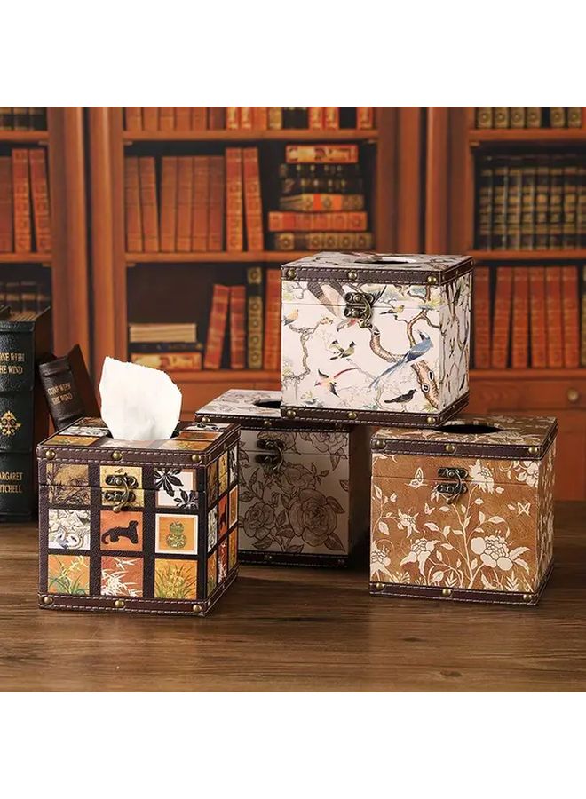 Retro Grid Pattern Square Tissue Box Recycled Wood Floral Geometric Lid Home Decor - Image 2