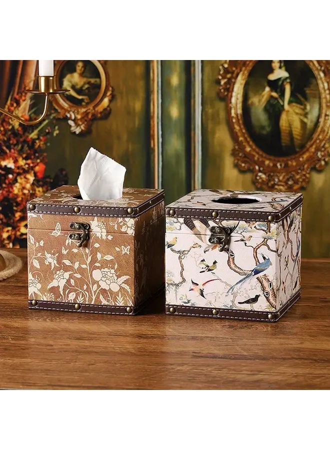 Retro Grid Pattern Square Tissue Box Recycled Wood Floral Geometric Lid Home Decor - Image 5