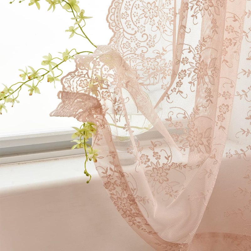 Kotile Blush Lace Curtains 45 Inch Length, Country Vine Floral Pattern Vintage Sheer Lace Curtains for Girls Room, Privacy Short Curtains 2 Panels Set, 52 x 45 Inch, Blush Pink - Image 5