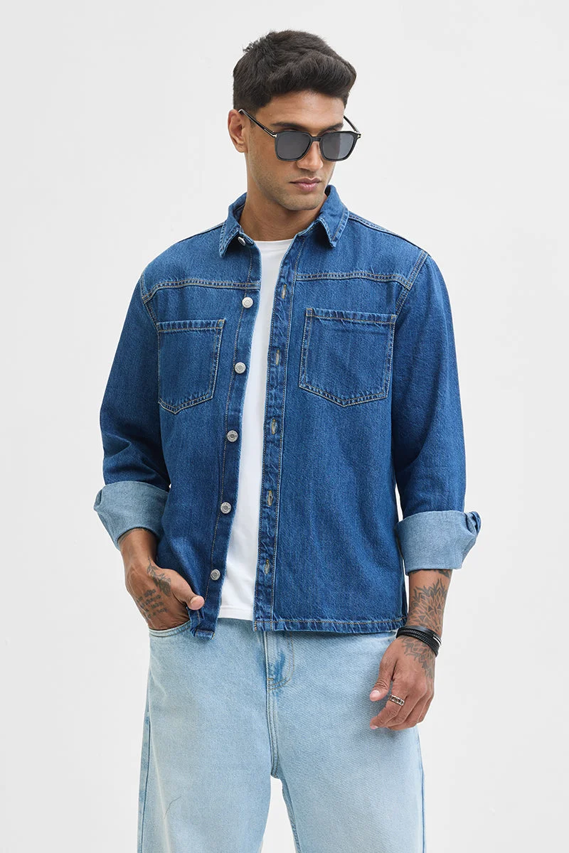 SNITCH Blue Solid Long Sleeve Relaxed Casual Shirt