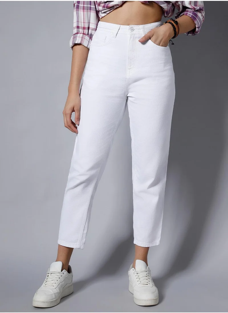 هاي ستار Regular White High-Rise Slash Knee Jeans for Women