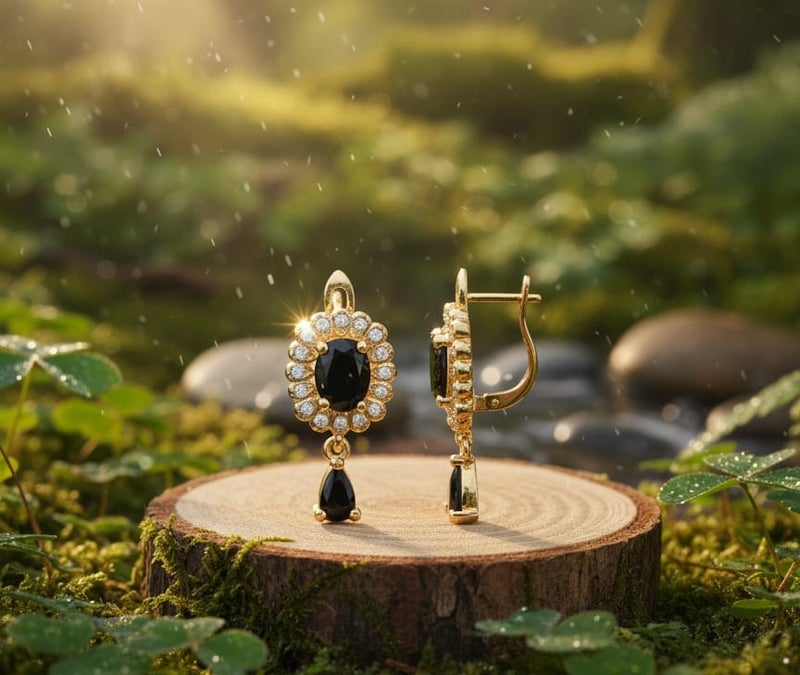 A delicate gold-plated earring featuring a golden flower design studded with shiny stones, a luxurious black stone in the middle, and a luxurious black teardrop stone hanging from it. - Image 5