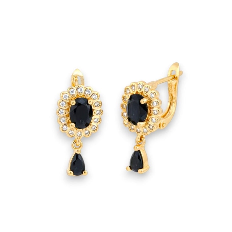 A delicate gold-plated earring featuring a golden flower design studded with shiny stones, a luxurious black stone in the middle, and a luxurious black teardrop stone hanging from it. - Image 2