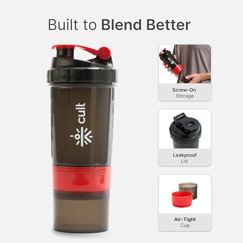 CULT Gym Spider Shaker Bottle | 550ml | 2 Storage Compartment | Protein Shaker for Workout | Men & Women | Black Red - Image 5